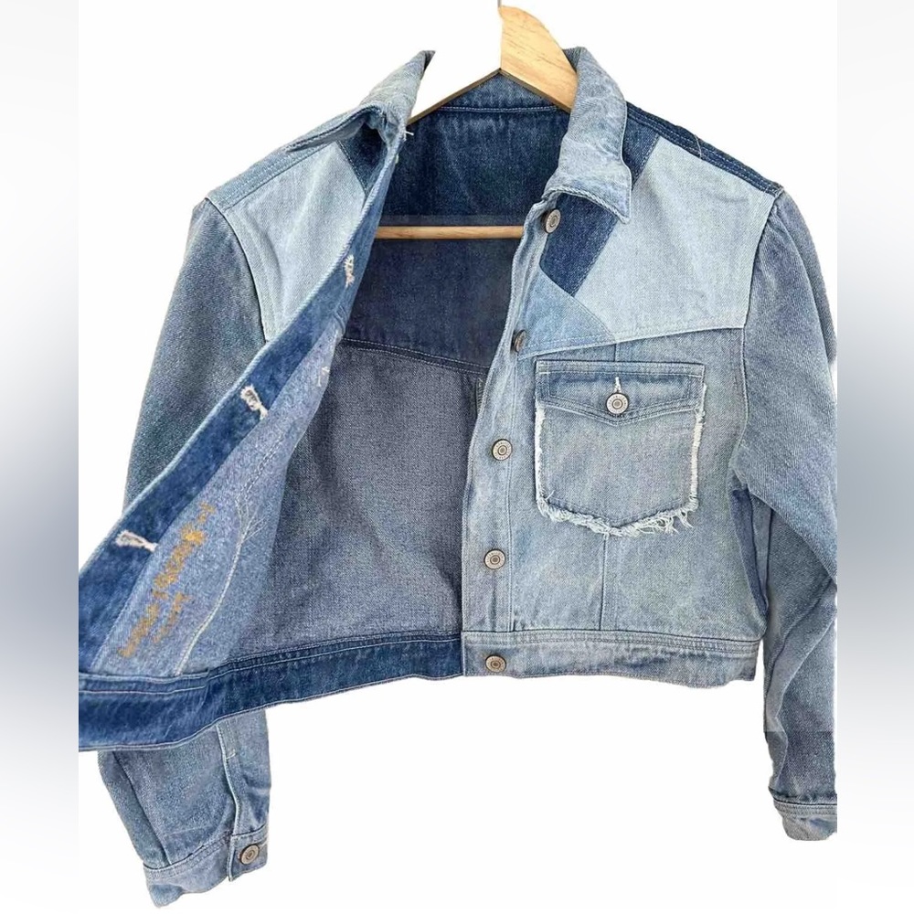 Kancan Denim Jean Patchwork Cropped Jacket Nwot S… - image 4
